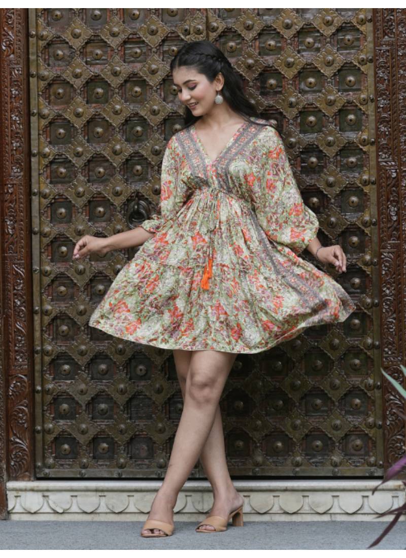 Yash gallery women's polyester floral printed v-neck 3/4th sleeve tiered style casual dress (green)