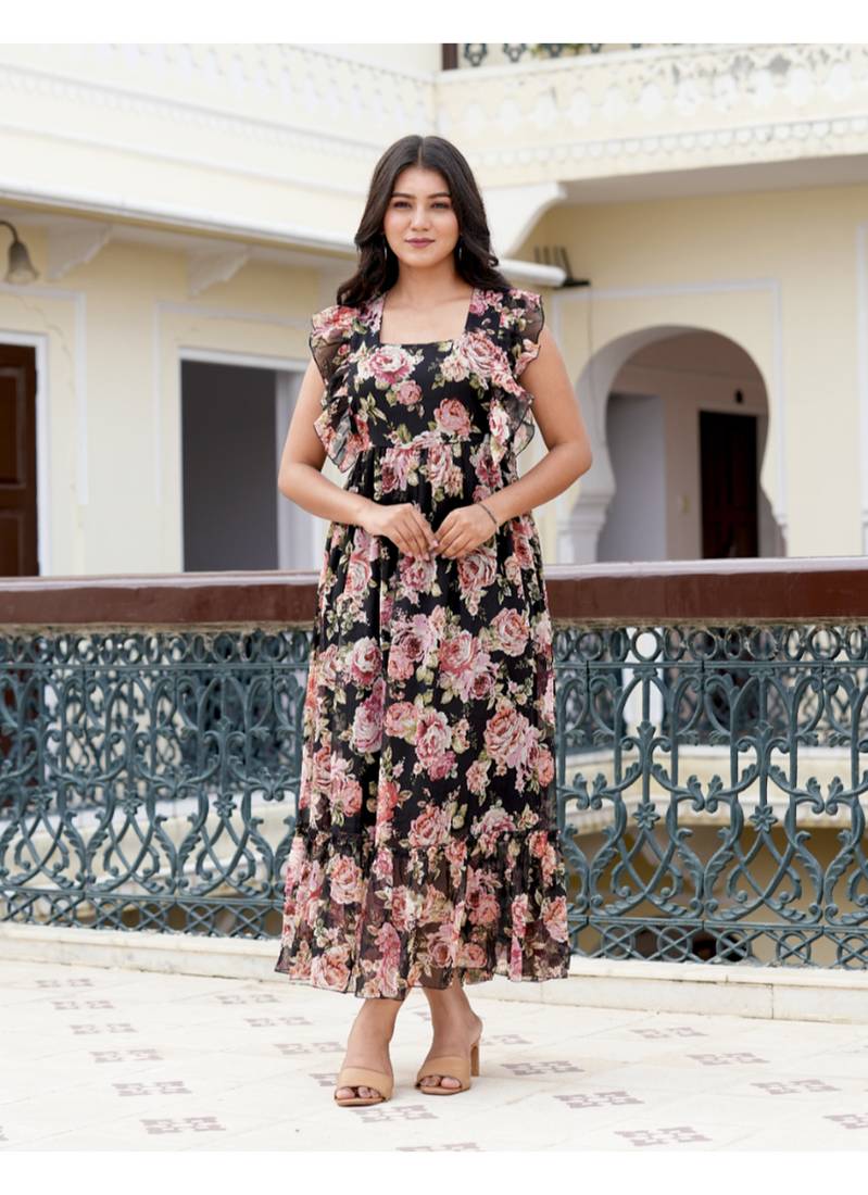 Yash gallery women's chiffon floral printed maxi length square neck sleeveless summer dress (black)