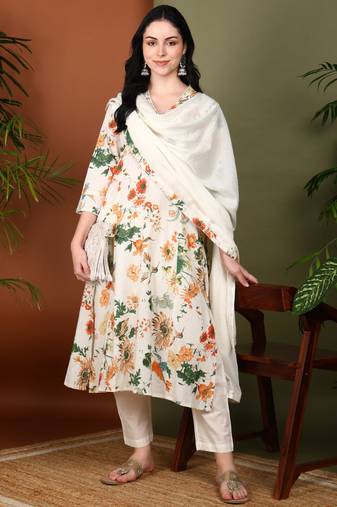 Yash gallery women's cotton cambric floral print straight kurta with pant and duptta (multi)