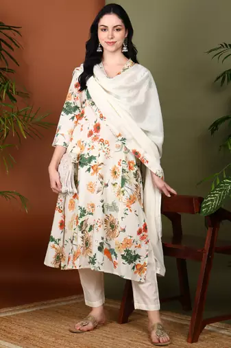 Yash gallery women's cotton cambric floral print straight kurta with pant and duptta (multi)