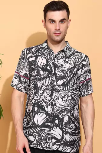  men's polyester floral printed regular shirt (black)