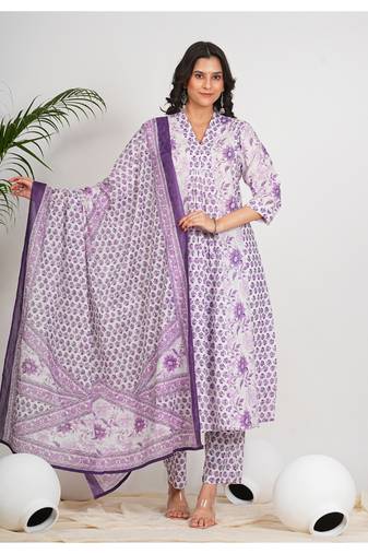  women's cotton calf length 3/4th sleeve v-neck floral printed anarkali kurta with printed pant & dupatta