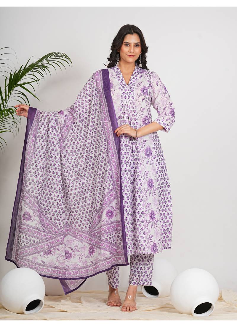  women's cotton calf length 3/4th sleeve v-neck floral printed anarkali kurta with printed pant & dupatta