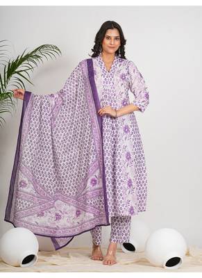  women's cotton calf length 3/4th sleeve v-neck floral printed anarkali kurta with printed pant & dupatta 1