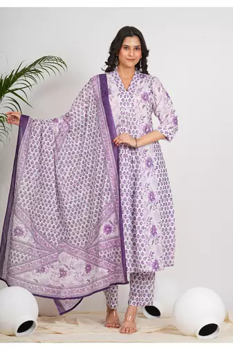  women's cotton calf length 3/4th sleeve v-neck floral printed anarkali kurta with printed pant & dupatta