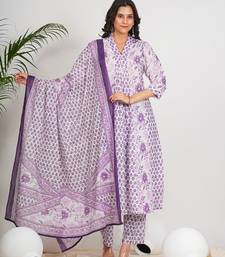  women's cotton calf length 3/4th sleeve v-neck floral printed anarkali kurta with printed pant & dupatta