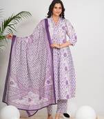  women's cotton calf length 3/4th sleeve v-neck floral printed anarkali kurta with printed pant & dupatta