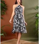 Yash gallery women   s black leaf print dress wrinkle free fabric halter neck back elastic fit (black)