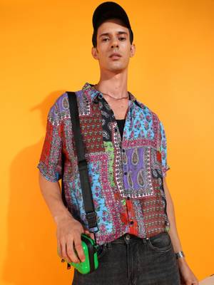  men's polyester floral placement printed regular shirt (multi) 1
