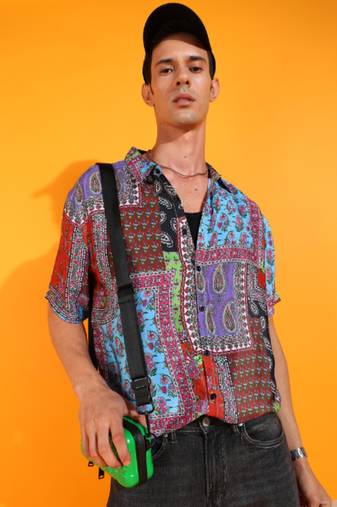  men's polyester floral placement printed regular shirt (multi)