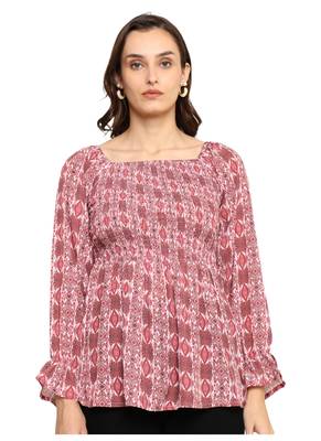 Yash gallery women's polyester waist length full sleeve square neck geometic printed top 1