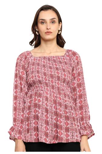 Yash gallery women's polyester waist length full sleeve square neck geometic printed top