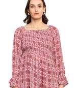 Yash gallery women's polyester waist length full sleeve square neck geometic printed top