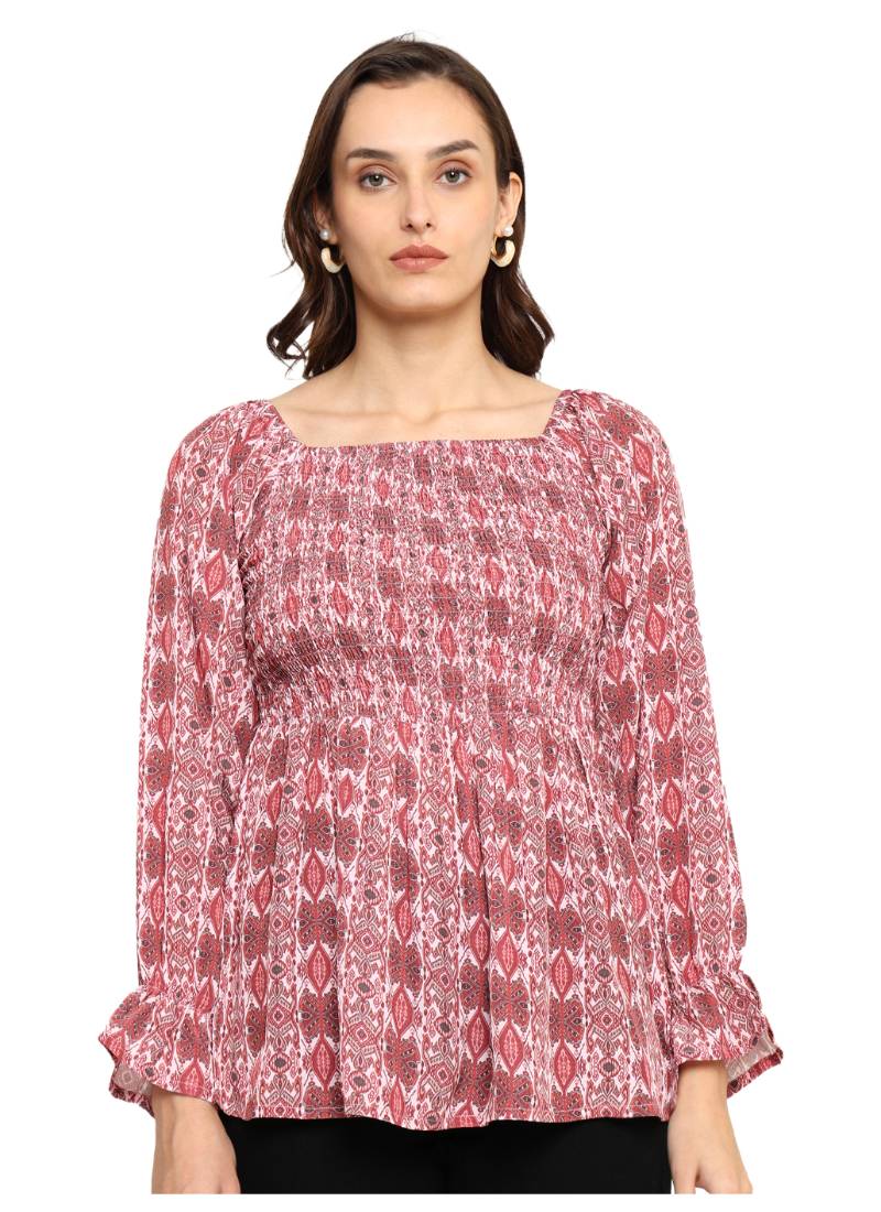 Yash gallery women's polyester waist length full sleeve square neck geometic printed top