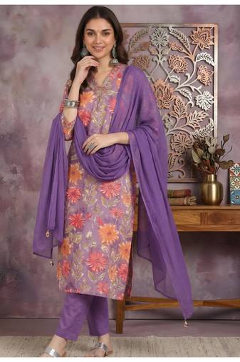 Yash gallery women's purple cotton floral print straight kurta with pant and duptta (purple)