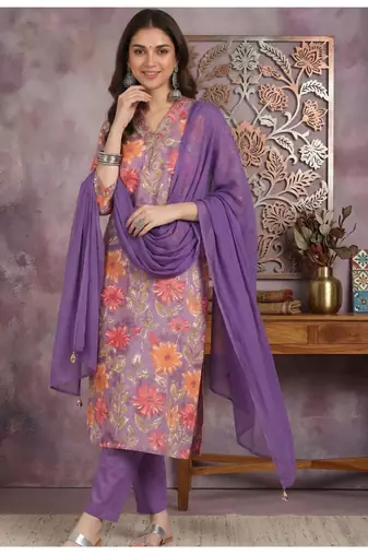 Yash gallery women's purple cotton floral print straight kurta with pant and duptta (purple)