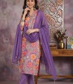 Yash gallery women's purple cotton floral print straight kurta with pant and duptta (purple)