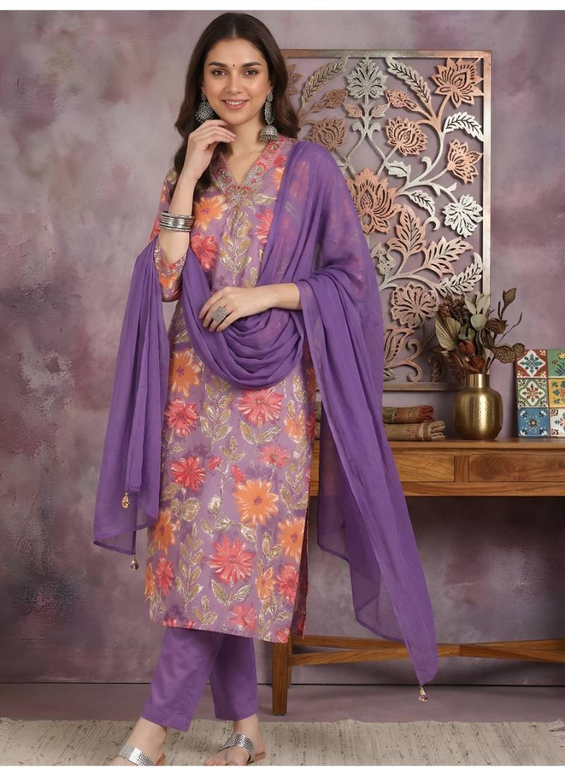 Yash gallery women's purple cotton floral print straight kurta with pant and duptta (purple)