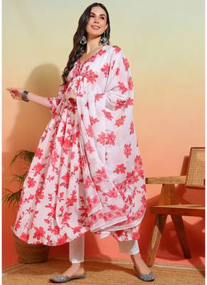  women's cotton floral printed 3/4th sleeve v-neck embroidered work anarkali kurta with dupatta 1