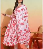  women's cotton floral printed 3/4th sleeve v-neck embroidered work anarkali kurta with dupatta