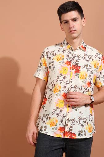  men's cotton floral printed short sleeve regular shirt