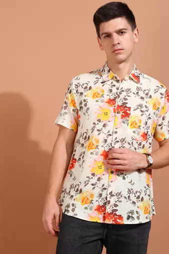  men's cotton floral printed short sleeve regular shirt
