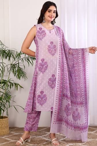 Yash gallery women's cotton floral print a-line kurta with pant and duptta (lavender)