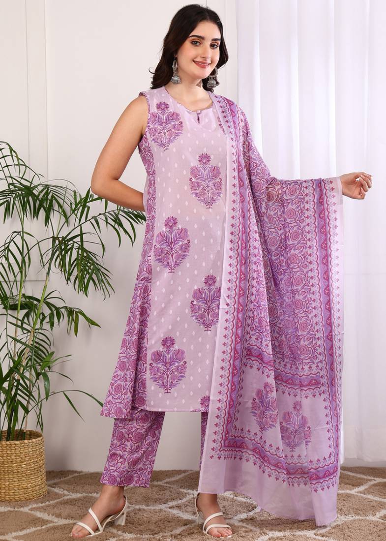 Yash gallery women's cotton floral print a-line kurta with pant and duptta (lavender)