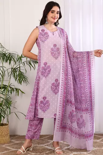 Yash gallery women's cotton floral print a-line kurta with pant and duptta (lavender)
