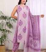 Yash gallery women's cotton floral print a-line kurta with pant and duptta (lavender)