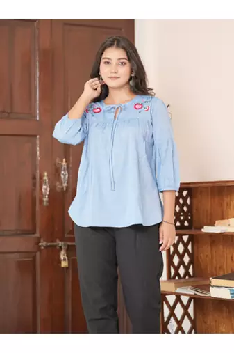 Yash gallery women's tow tone cotton top with key hole embroidery detailing neck design three fourth gathered sleeves