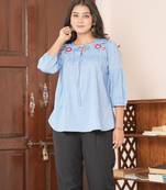 Yash gallery women's tow tone cotton top with key hole embroidery detailing neck design three fourth gathered sleeves