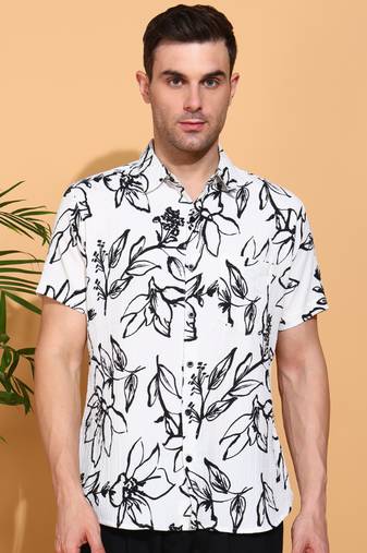 moss bubble fabric short sleeve button-down with black floral print casual shirt