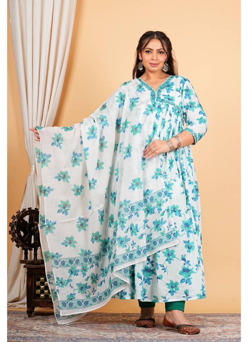  women's cotton floral printed 3/4th sleeve v-neck embroidered work anarkali kurta with dupatta