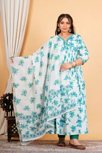  women's cotton floral printed 3/4th sleeve v-neck embroidered work anarkali kurta with dupatta