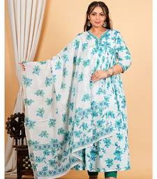  women's cotton floral printed 3/4th sleeve v-neck embroidered work anarkali kurta with dupatta