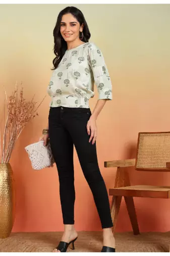 Yash gallery women's rayon patch print smoking waist lengtth  round neck 3/4 puff sleeves  top (white)