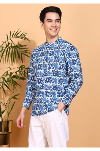  men's cotton handblock print  nehru collar with  solid fashion patti short kurta (blue )