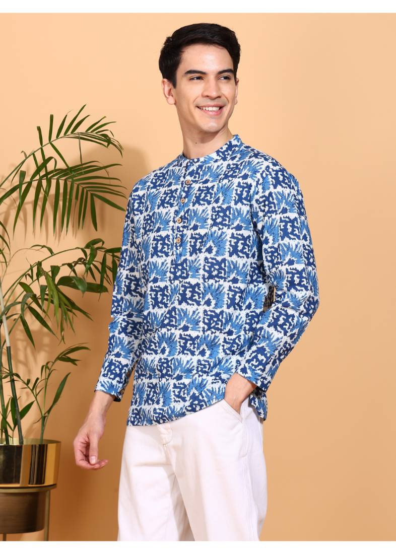  men's cotton handblock print  nehru collar with  solid fashion patti short kurta (blue )