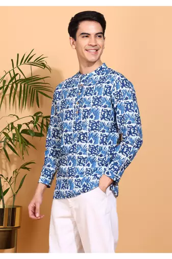  men's cotton handblock print  nehru collar with  solid fashion patti short kurta (blue )