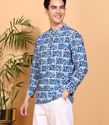  men's cotton handblock print  nehru collar with  solid fashion patti short kurta (blue )
