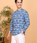  men's cotton handblock print  nehru collar with  solid fashion patti short kurta (blue )