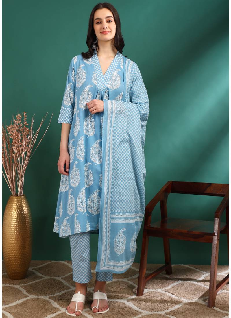 Yash gallery women's cotton buta print a-line kurta paired with elastic bottom and duptta (blue)