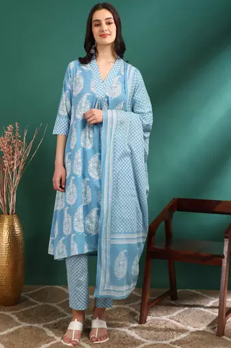 Yash gallery women's cotton buta print a-line kurta paired with elastic bottom and duptta (blue)