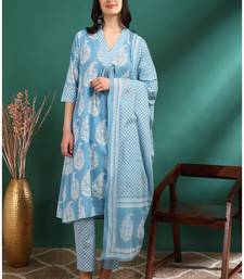 Yash gallery women's cotton buta print a-line kurta paired with elastic bottom and duptta (blue)