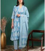 Yash gallery women's cotton buta print a-line kurta paired with elastic bottom and duptta (blue)