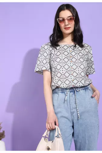 Yash gallery women's cotton geometrical print waist lengtth square neck short sleeves regular fitted top (grey)