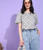 Yash gallery women's cotton geometrical print waist lengtth square neck short sleeves regular fitted top (grey)