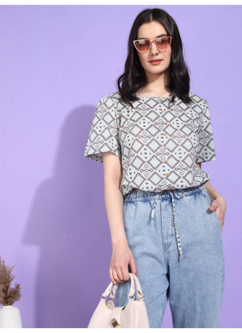 Yash gallery women's cotton geometrical print waist lengtth square neck short sleeves regular fitted top (grey)