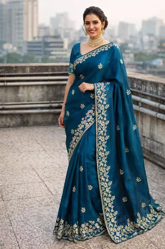 Blue Color Dori embroidery work satin Saree 